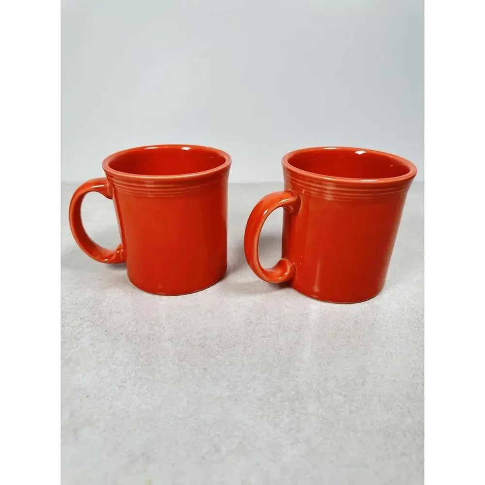 Fiestaware Red Ceramic Mug Pair HLC USA Coffee Cups Retro Kitchenware